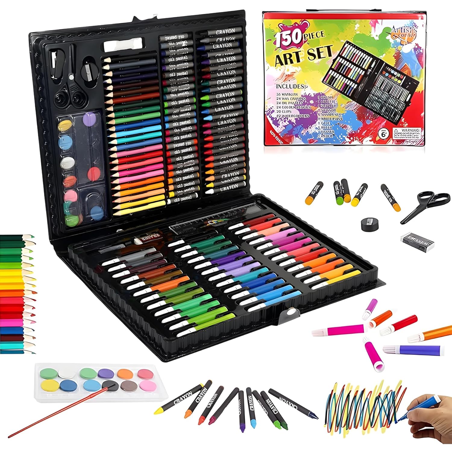 150 Pieces Art Set for Kids with Case, Art and Craft Supplies Kit for Drawing and Painting, Color Set with Markers, Water Colors, Brush, Color Pencils, Crayons