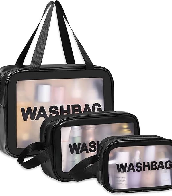 Washing Bag Pouch for Travel Kit Toiletry Bag Nylon Cosmetic Bag Make Up Box for Brushes, Accessories with Handle, Large Capacity Translucent Waterproof Travel Storage Organizer Set of 3 (Black)