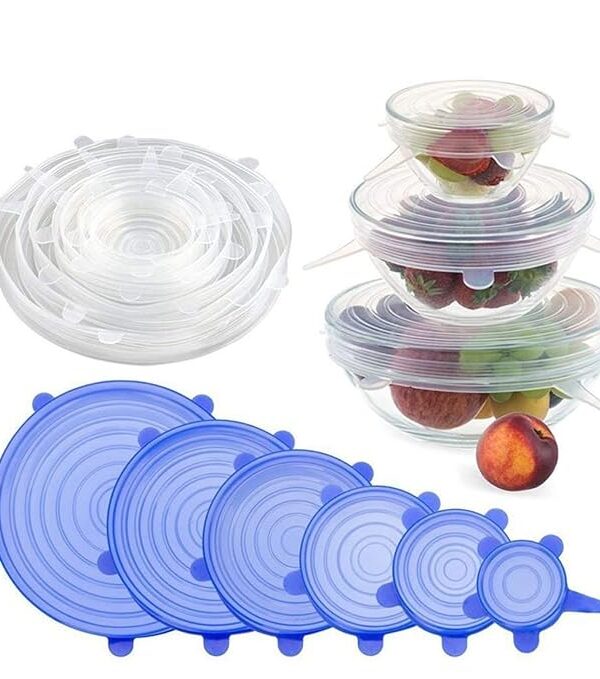 Silicone Stretch Lids reuseable Flexible Covers for Rectangle, Round, Square Bowls, Dishes, Plates, Cans, Jars, Glassware and Mugs (Free Size) - Set of 6