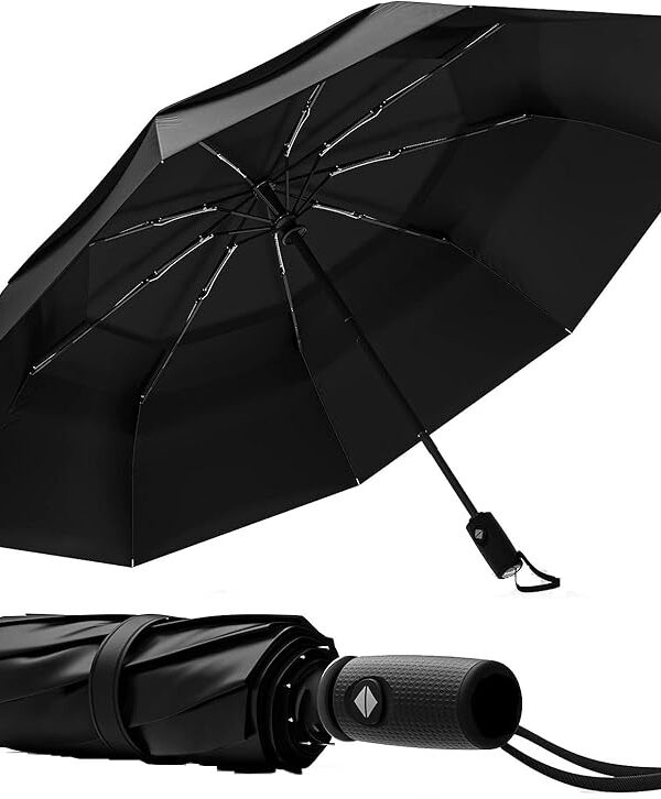 Portable Auto Travel Umbrella - Windproof for Rain, Strong for Wind, Auto Umbrella Open Close Button, Perfect Car Umbrella for Men & Women (Black)