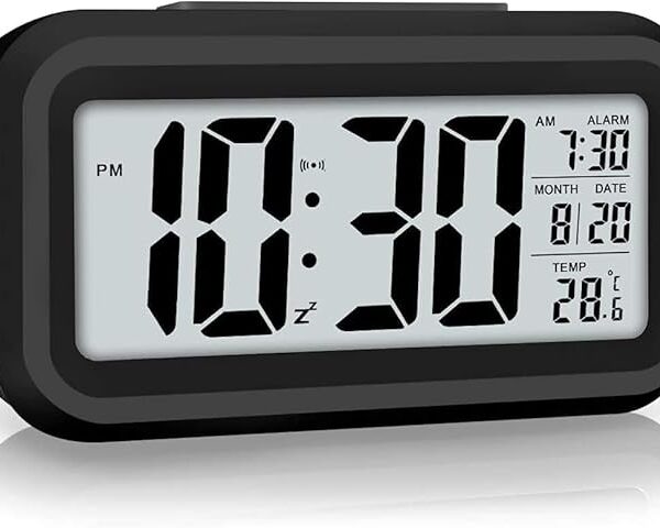 Digital Alarm Clock with Automatic Sensor, Date and Temperature Display, Table Clock for Students, Home, Office, Corporate Use (Black Digital)