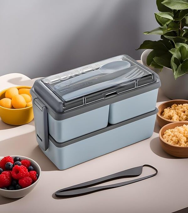 Plastic Double Dacker Lunch Box Comes with 3 Detachable Box, 2 Spoons & Stylish Lid Bpa Free, Tiffin Box for School ,Lunch Box for Office use,Lunch Box for Kids Boys & Girls (Light Gray)