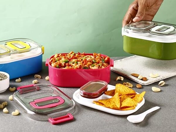 Mighty Lunch Box Comes with 1 Small Container, Stylish Anti Spill Lid & 1 Baby Spoon BPA Free, Food Grade Perfect for School & Outdoor-900ml+100ml Lilac
