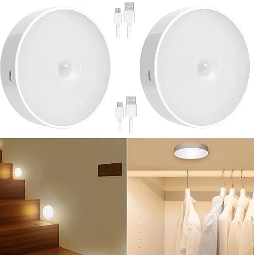 Motion Sensor Night Light for Home (Pack of 2) with USB Charging Self Adhesive LED Nightlight Rechargeable Body Sensor Wall Light for Wardrobe, Cabinet, Cupboard, Kitchen, Bedroom, Stairs (White)