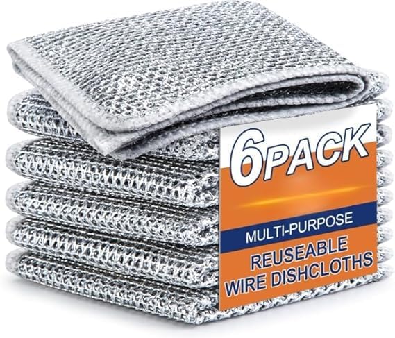 Multipurpose Wire Dishwashing Rags for Wet and Dry Stainless Steel Scrubber Non-Scratch Wire Dishcloth for Washing Dishes Sinks Counters Easy Rinsing Machine Washable 6 Pack, Stainless Steel