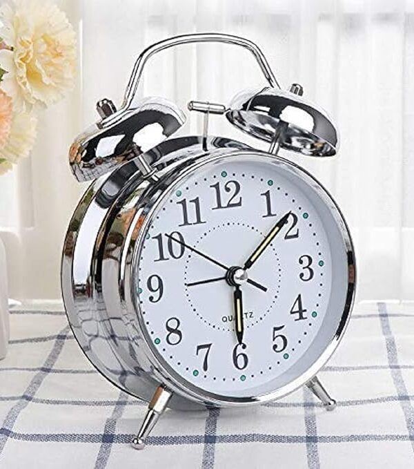 Metal Silver Twin Bell Alarm Clock for Heavy Sleepers with Night LED Display-5 inches(Silver Clock)