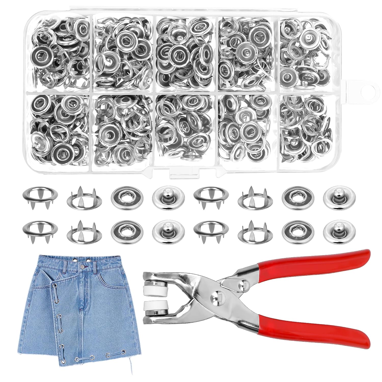 Snaps Fasteners Kit Silver - Grommet Setting Tool Silver - Metal Snaps Buttons - Fastener Pliers Press Tool Kit 100 PC