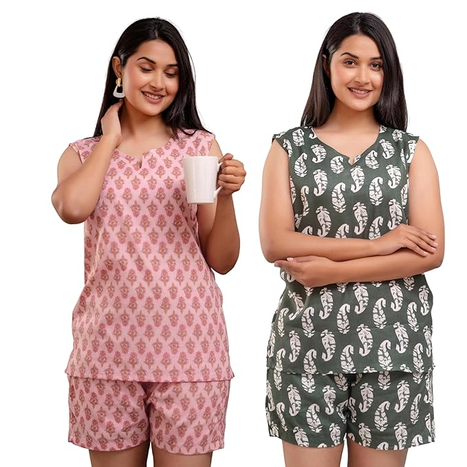 Jaipuri Printed Olive Green Cotton Set for Women (Combo Pack)