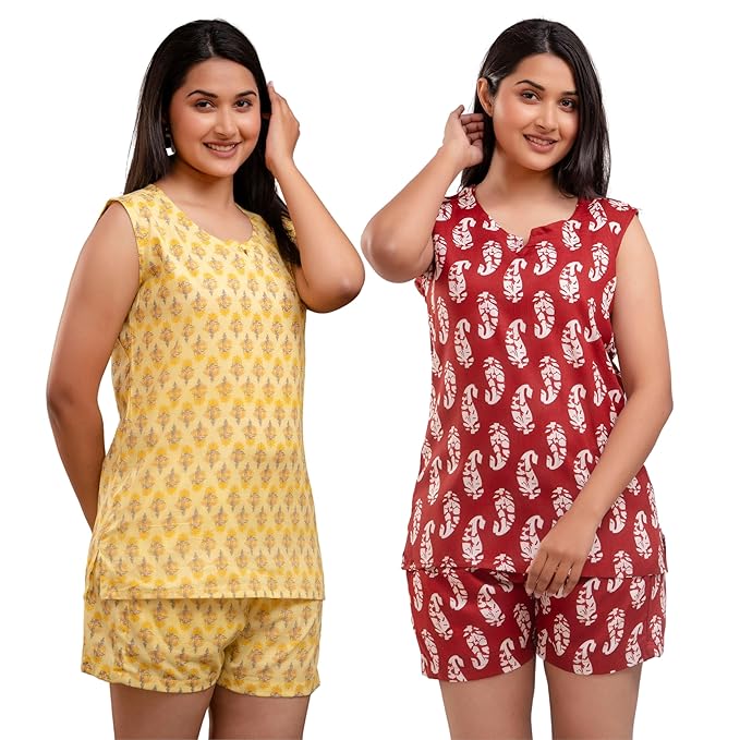 Jaipuri Printed Cotton Top & Shorts Set for Women (Combo Pack)