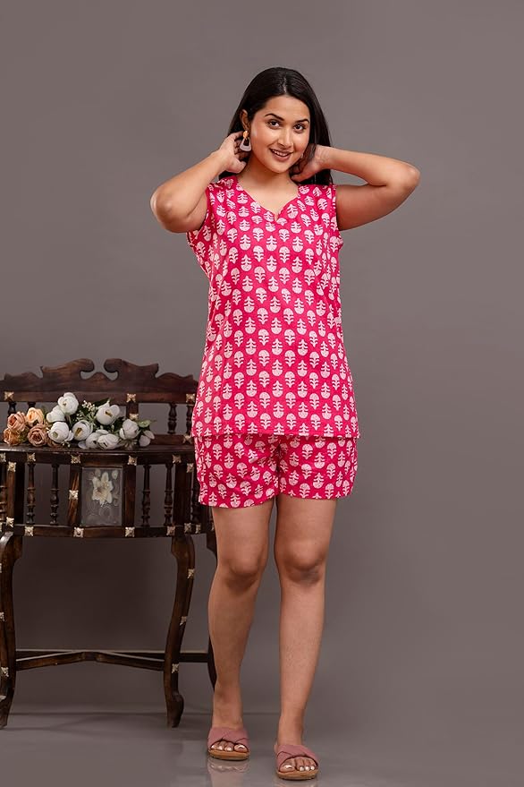 Jaipuri Printed Pink Cotton Top & Shorts Set for Women