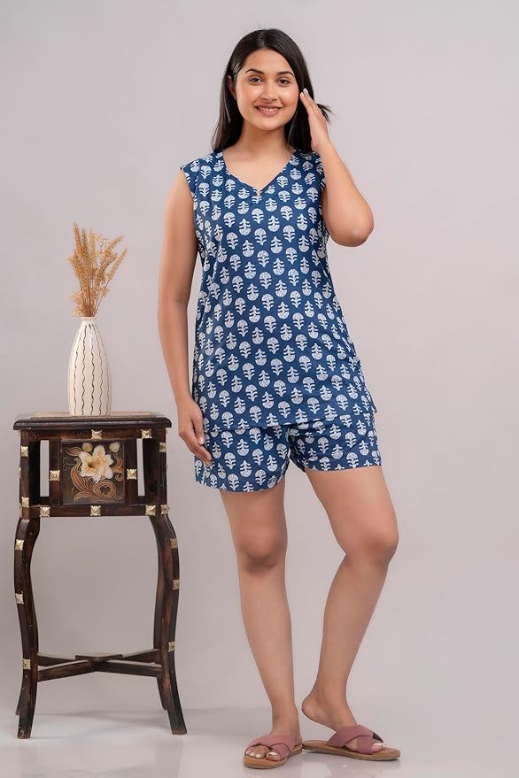 Jaipuri Printed Blue Cotton Night Suit Set – Top & Shorts