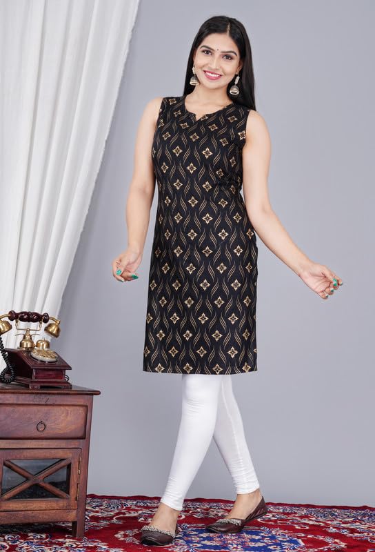 Jaipuri Printed Rayon Sleeveless Kurti – Black & Gold Edition