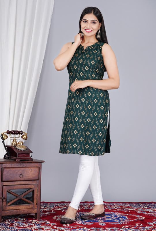 Jaipuri Printed Green & Gold Flower Kurti – Sleeveless Rayon Design