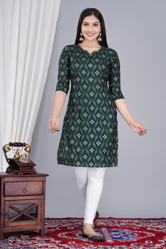 Jaipuri Printed Green-01 Rayon Women's Kurti – 3/4 Sleeve Straight Fit