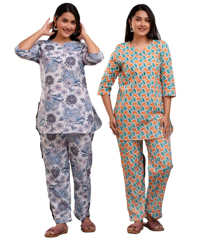 Jaipuri Printed Floral Blue & Leafy Orange Cotton Sleep Set (Pack of 2)