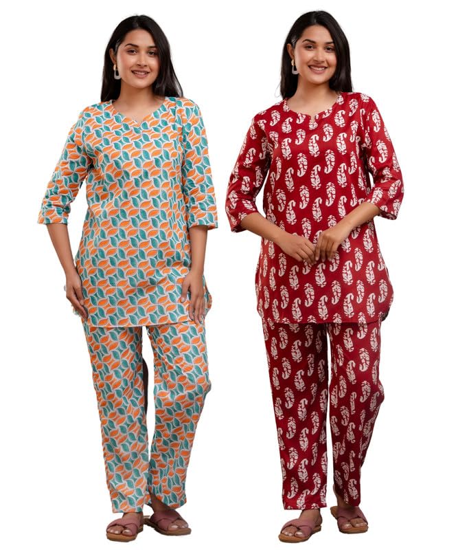 Jaipuri Printed Maroon & Orange Dreamwear Combo (2 Pcs)
