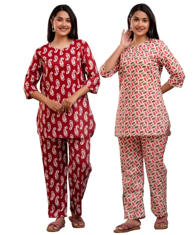 Jaipuri Printed Maroon & Cream Leaf Dreamwear Combo (2 Pcs)