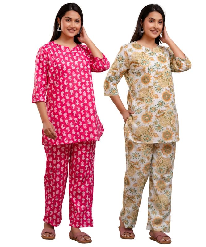 Jaipuri Printed Pink & Mustard Floral Dreamwear Combo (2 Pcs)