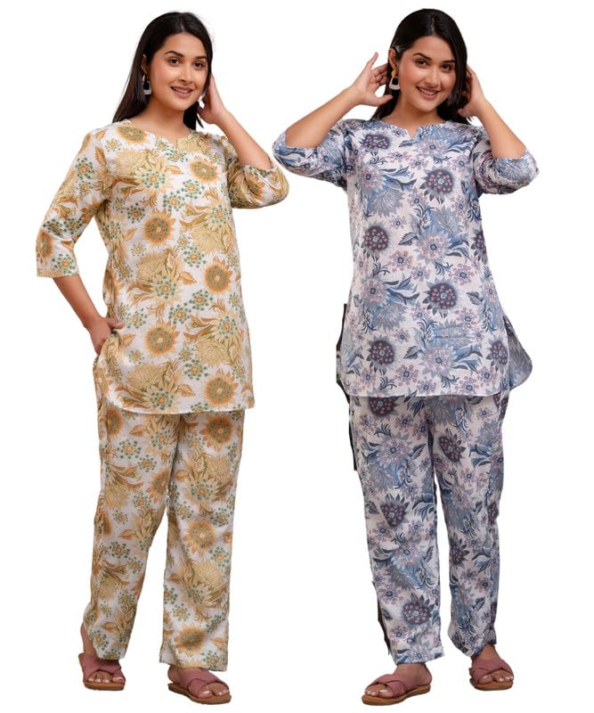 Jaipuri Printed Blue & Mustard Floral Dreamwear Combo (2 Pcs)