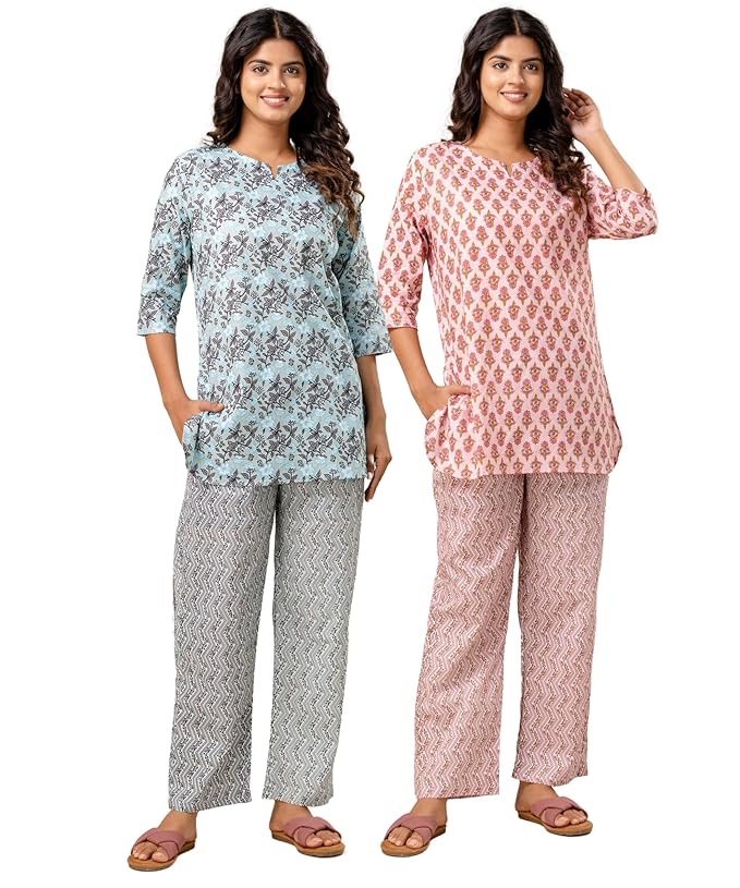 Jaipuri Printed Sky Blue & Peach Blossom Dreamwear Combo (2 Pcs)