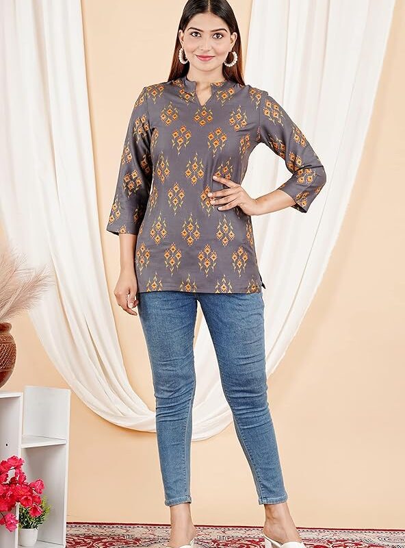 Jaipuri Printed Grey Rayon V-Neck Women’s Top