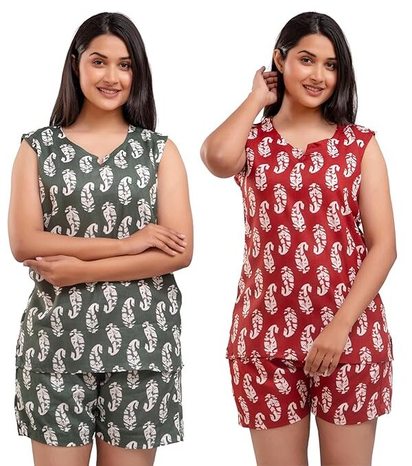 Women's Cotton Printed Night Suit Set of Top & Shorts Sleeveless Women's Lounge Wear Set Combo Pack