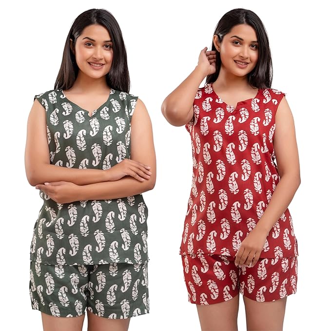 Women's Cotton Printed Night Suit Set of Top & Shorts Sleeveless Women's Lounge Wear Set Combo Pack
